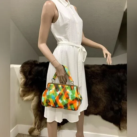 Handmade Genuine Leather Abstract Print “Birds” Kisslock Wristlet/Crossbody - Picture 3 of 17